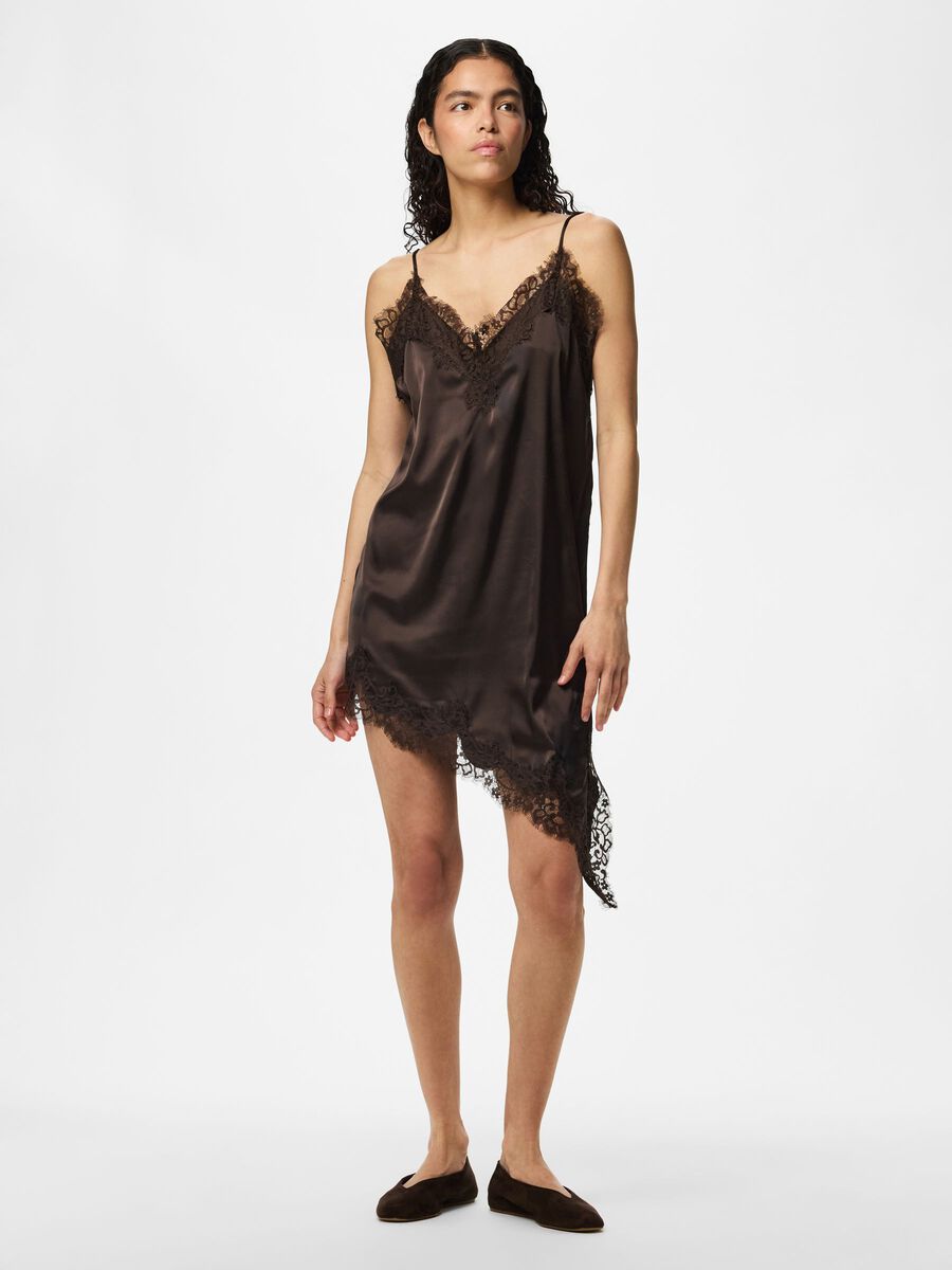 Product carousel image 1 PCNOMI SATIN LACE MINI DRESS, Hot Fudge