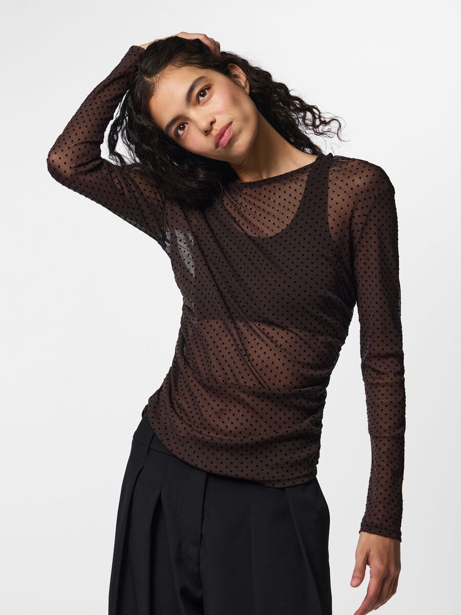Carousel image 6 PCBOBO MESH ROUCHING  LONG SLEEVED TOP, Hot Fudge