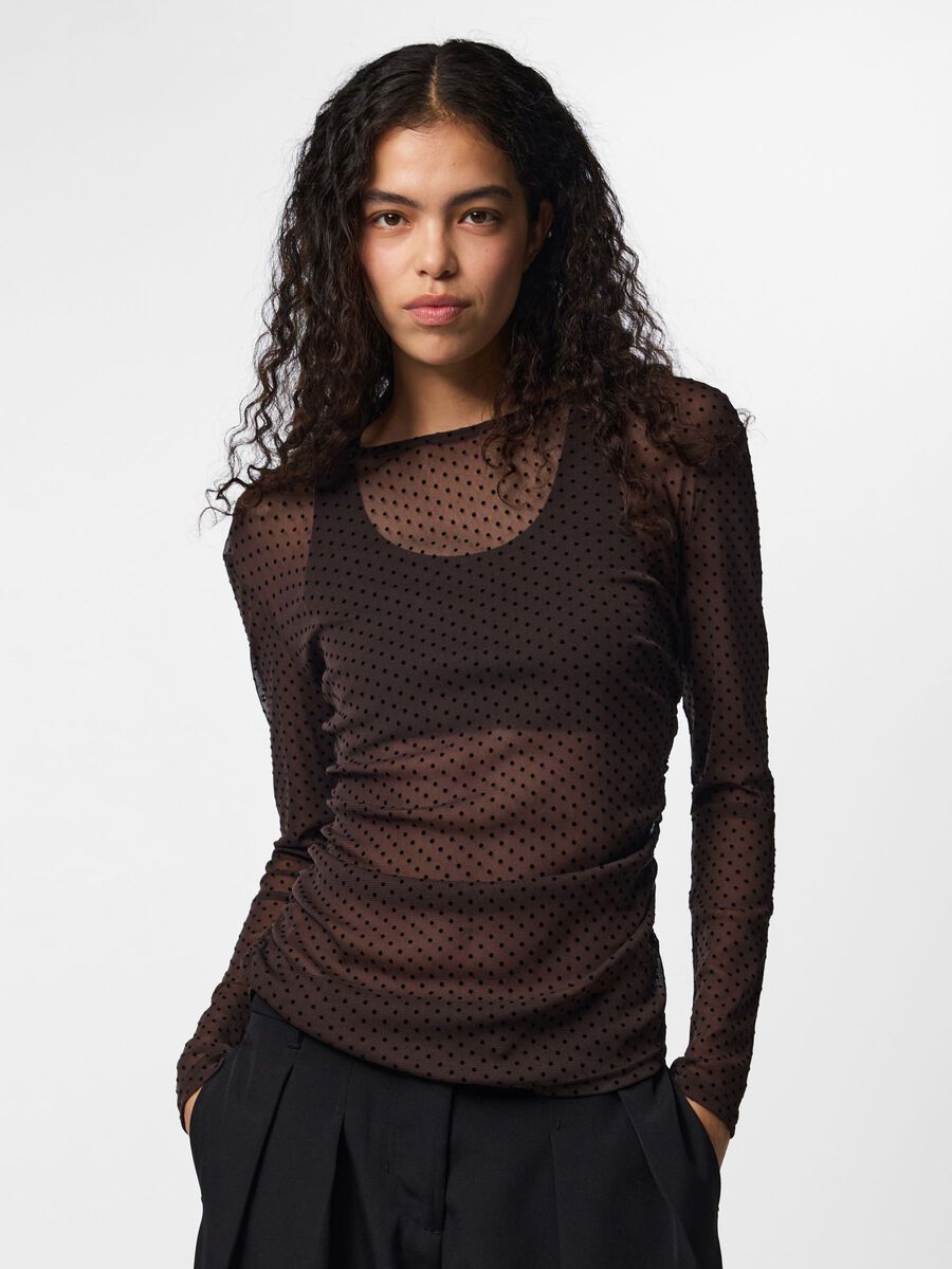 Carousel image 1 PCBOBO MESH ROUCHING  LONG SLEEVED TOP, Hot Fudge