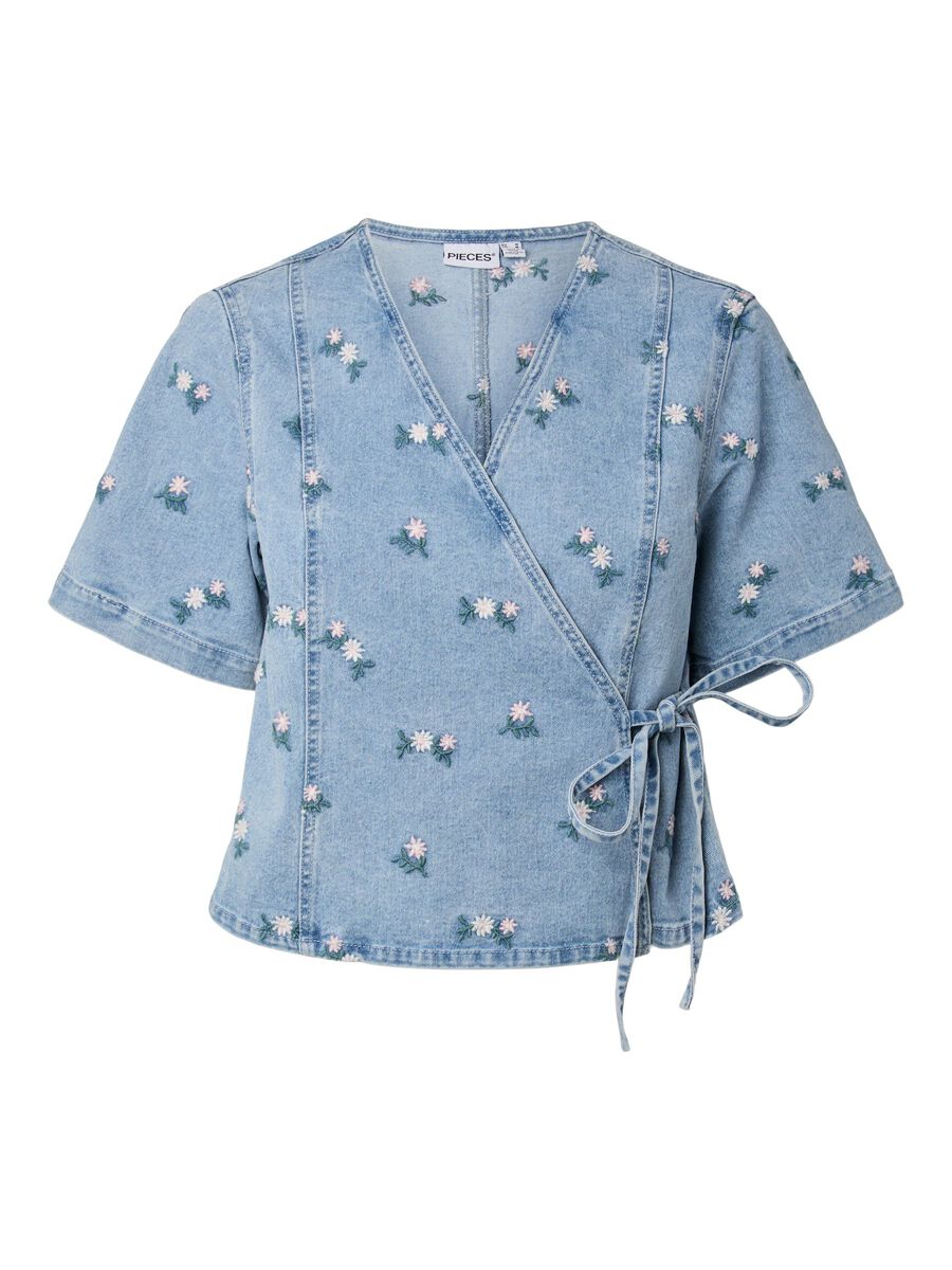 Carousel image 6 PCFLORA BESTICKTES DENIM WICKEL WICKELOBERTEIL, Light Blue Denim