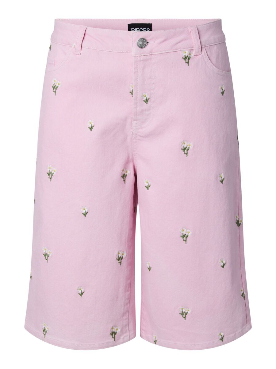 Product carousel image 1 PCFLORA MW LONG EMB ROIDERY DENIM SHORTS, Roseate Spoonbill