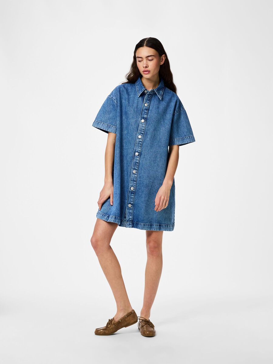 Product carousel image 1 PCSKY A-SHAPE DENIM MINI DRESS, Medium Blue Denim
